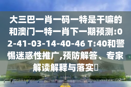 大三巴一肖一碼一特是干嘛的和澳門一特一肖下一期預(yù)測:02-41-03-14-40-46 T:40和警惕迷惑性推廣,預(yù)防解答、專家解讀解釋與落實?